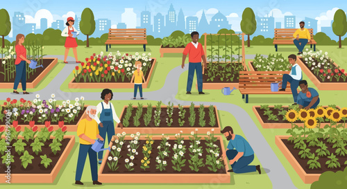 Women gardening in a flower garden.