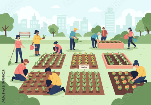 Women Planting Flowers in Urban Park.