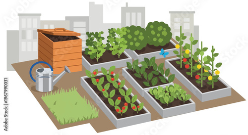 Wooden Compost Bin and Watering Can.