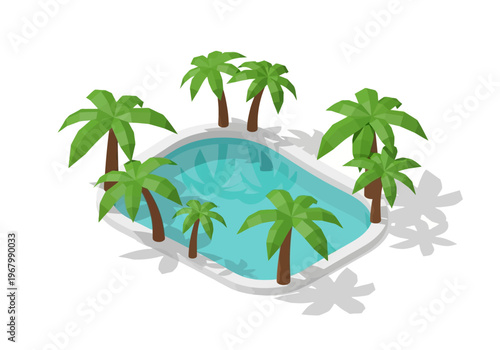 A serene tropical resort pool surrounded by lush palm trees and greenery.