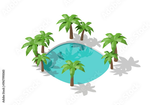Tropical island scene with palm trees surrounding a blue lagoon paradise.