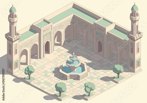 An isometric illustration of a serene mosque courtyard with fountain, trees, and towers in a peaceful environment.