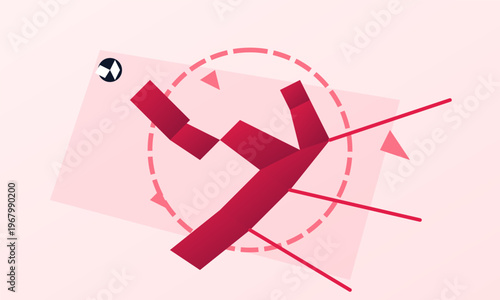 Hand-drawn abstract athlete silhouette performing dynamic sport movements featuring minimalist red geometric design elements on pink authentic illustration