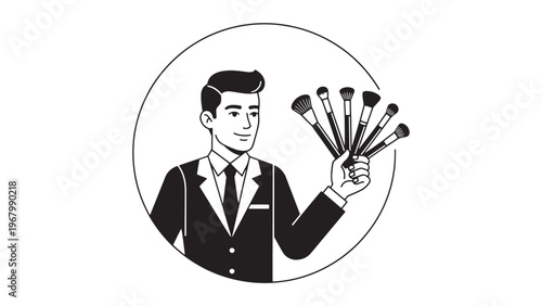Professional male makeup artist in a suit holding a fan of cosmetic brushes, elegant black and white vector illustration for beauty services and style.