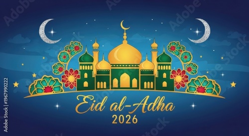 Eid al-Adha 2026 vibrant mosque illustration with ornate flowers, crescent moons and stars on dark blue sky