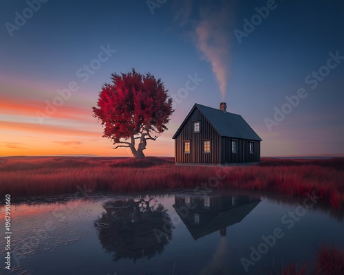 Lone cabin and vibrant tree reflected in a tranquil colorful landscape