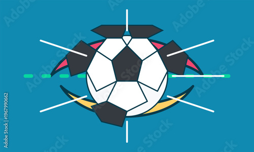 Hand-drawn abstract soccer ball with exploding geometric shards over a blue background featuring colorful graphic shapes authentic illustration