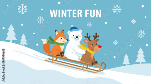 A vibrant illustration depicting a fox, polar bear, and reindeer joyfully sledding down a snowy hill, embodying the spirit of winter playfulness and friendship.