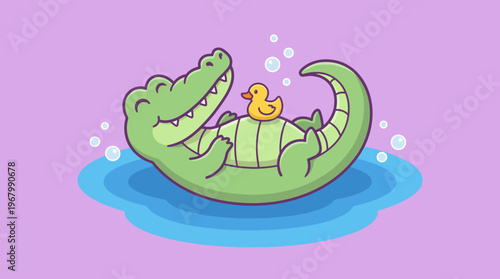 A playful cartoon crocodile floats happily in a pool with a yellow rubber duck on its belly, exuding joy and relaxation in a colorful, whimsical style.