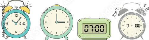 Alarm Clock Vector Set Featuring Retro Twin Bell Design Digital Timer And Broken Clock For Time Management And Deadline Concepts