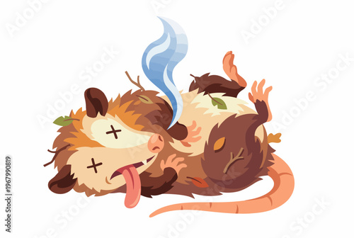 This whimsical illustration features a cartoonish opossum lying on its back, eyes shut, surrounded by foliage, humorously depicting the animal’s famous defense mechanism.