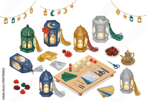 Ramadan decorations and food items are arranged on a table indoors.
