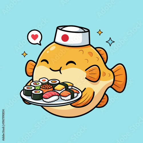 This adorable illustration of a puffer fish happily presenting sushi highlights a playful and inviting dining experience, ideal for seafood restaurant branding.