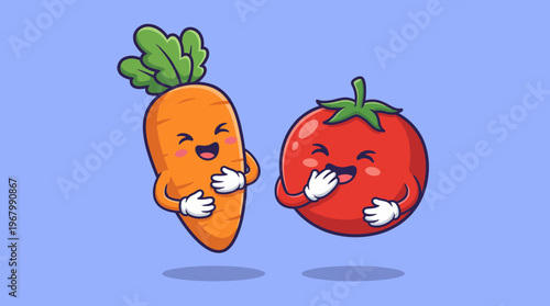 A playful carrot and tomato character joyfully interact, embodying a sense of humor and friendship, perfect for healthy eating themes and children's delight.