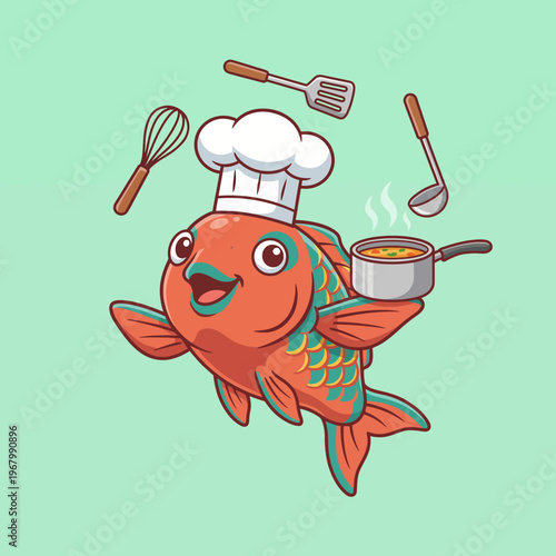 A joyful cartoon fish chef with a chef hat, delightfully preparing delicious meals, showcases creativity and culinary fun in a whimsical underwater environment.