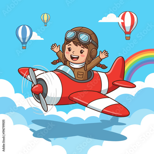 A happy girl wearing an aviator cap flies a bright red airplane, surrounded by colorful hot air balloons and a rainbow, reflecting a sense of freedom, adventure and delight.