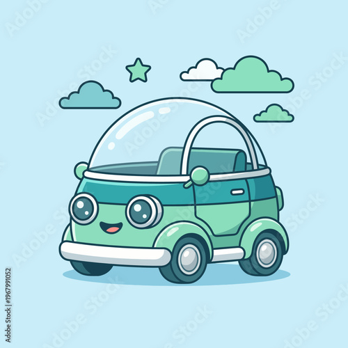 This delightful cartoon car illustration features a smiling vehicle amidst whimsical clouds, capturing the essence of fun, joy, and the carefree spirit of childhood adventures.