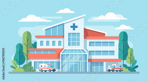 This vibrant illustration showcases a modern hospital structure accompanied by well-equipped emergency vehicles, emphasizing health, care, and community support services.