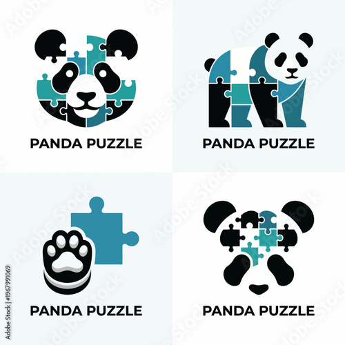 This playful image showcases various artistic logos centered around a panda theme, highlighting puzzle aspects to emphasize creativity, fun, and engagement with nature and wildlife themes.