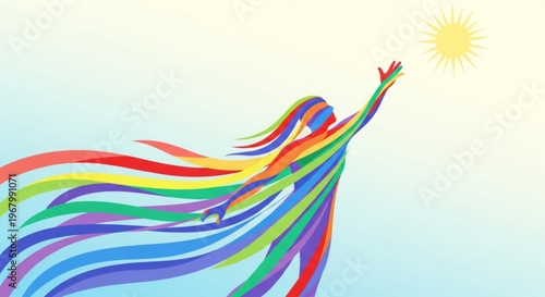 Vibrant rainbow colored ribbons flying upwards towards sunny sky with gradient blue and white background