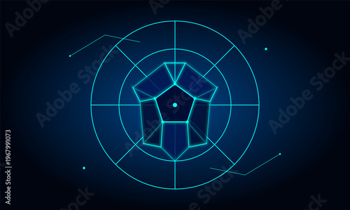 Hand-drawn digital blueprint of a futuristic soccer ball wireframe with glowing neon lines on dark background authentic illustration