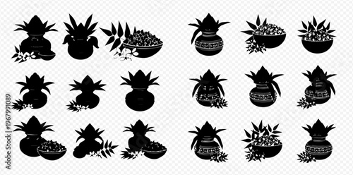 Set of Kalash pot and coconut with mango leaves, traditional Indian Hindu ritual symbols, black silhouettes on transparent background.