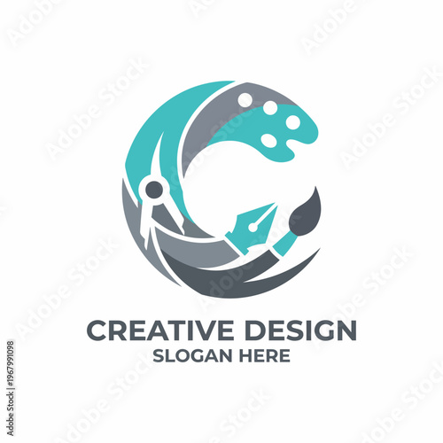 This logo creatively integrates tools of design such as brushes and compasses into the letter 'C', showcasing a blend of artistry and professionalism in graphic design.