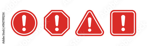 Warning sign set in different shapes, caution warning signs with exclamation mark symbols, system alert icons for apps, UI, websites, and smartphones, scam and hazard indication vector.