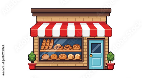 A pixel art vector illustration of a quaint bakery storefront with a red and white awning, a blue door, and various breads in the window.