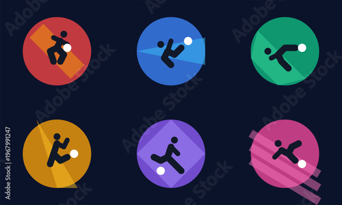 Hand-drawn minimalist circular collection showcasing vibrant geometric soccer player silhouettes in diverse action poses and authentic illustration