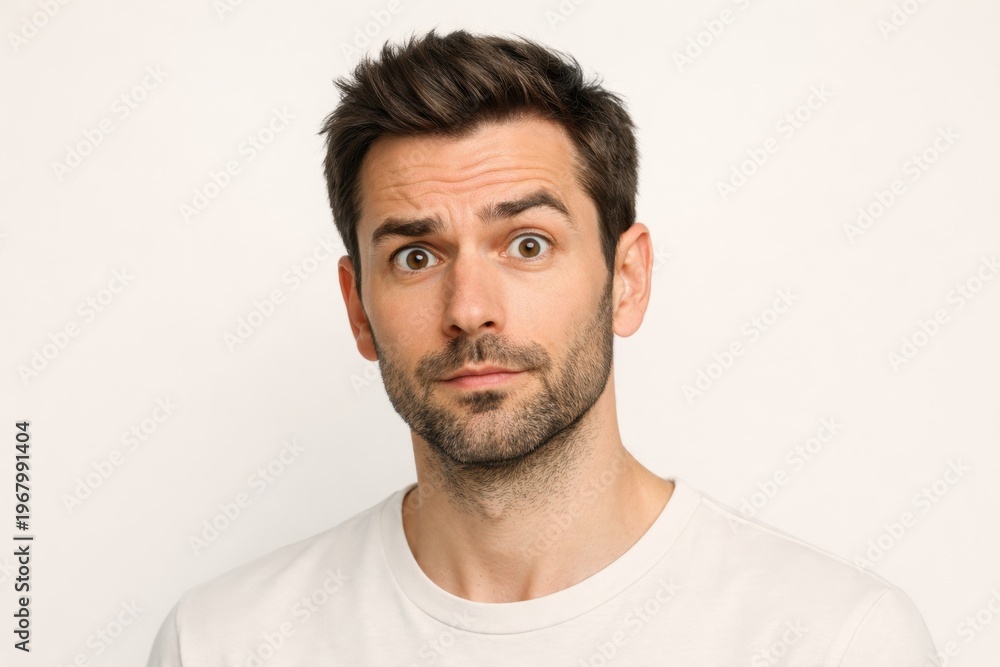 Fototapeta premium Man with surprised expression and raised eyebrows, looking directly at the camera
