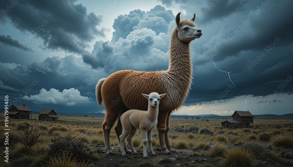 Fototapeta premium A llama and its young are seen in a field. Dark clouds fill the sky with flashes of lightning. Nearby, simple houses are visible in the background as the storm approaches