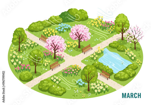 A serene park scene unfolds in March with blooming flowers and trees surrounding a peaceful pond and walking paths.
