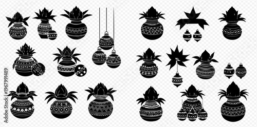 Set of traditional Indian Kalash pots with coconut and mango leaves, symbolizing prosperity and new beginnings for festivals like Diwali and Ugadi.
