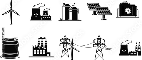 Industrial Energy And Power Generation Icon Set Featuring Wind Turbines Nuclear Plants Solar Panels Electric Pylons And Fuel Storage Tanks