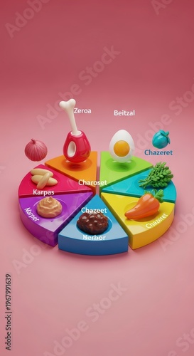 Colorful food wheel with various sections.