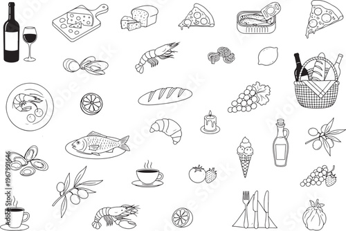 Culinary Delight: An illustration showcasing an array of gourmet food and drink, from a basket of wine to various delights, providing a feast for the eyes and a world of culinary discovery.