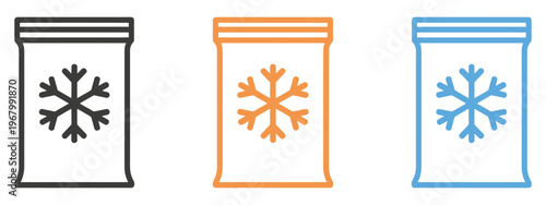 Frozen food bag icon flat vector set outline, freezer storage packaging symbols, frozen food preservation concept icons, modern clean vector illustration collection for retail, grocery and food 