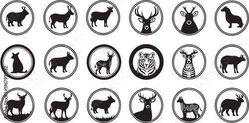 Black and white line collection of various animals and mythical creatures in circular frames mammal bird