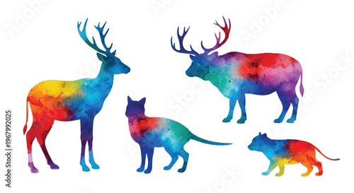Abstract multicolored animal in dynamic poses on white background