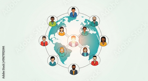 Diverse people connect around the globe symbolizing international teamwork friendship and unity with a stylized world map