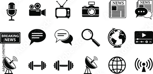 Media and Journalism Icon Set Featuring Breaking News Microphone Camera Television Satellite Dish Newspaper World Globe And Digital Communication Symbols