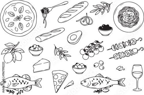 Italian Culinary Collection: A delightful illustration showcases a diverse array of iconic Italian culinary elements, from pizza and pasta to fresh produce and delectable sides.