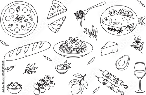 Culinary Sketch: A monochromatic illustration showcases a delightful array of culinary delights, featuring a diverse selection of food items.  