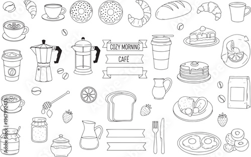 Cozy Morning Cafe: An illustrated array of delightful breakfast staples and coffee essentials. The image evokes a sense of comfort and inviting atmosphere perfect for leisurely mornings