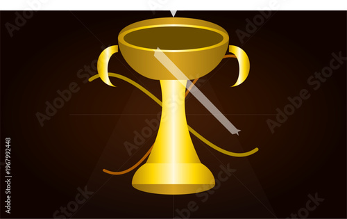 Hand-drawn golden championship trophy cup with elegant curved lines on dark background representing victory and success authentic illustration