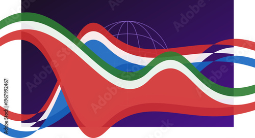 Hand-drawn artistic design featuring flowing colorful national ribbons intersecting over a dark purple background with globe authentic illustration