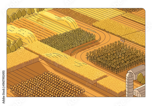 Harvested fields showcase various crops growing near a farm silo.