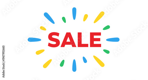 Vibrant sale sign with colorful rays.