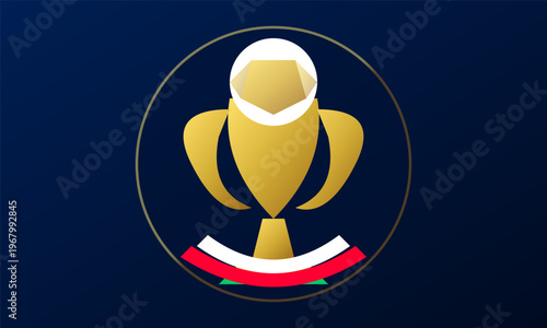 Hand-drawn abstract golden trophy globe emblem with a red white ribbon on blue gradient background authentic illustration